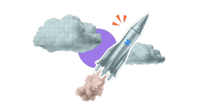 A rocket with the Confluence logo soaring through some clouds