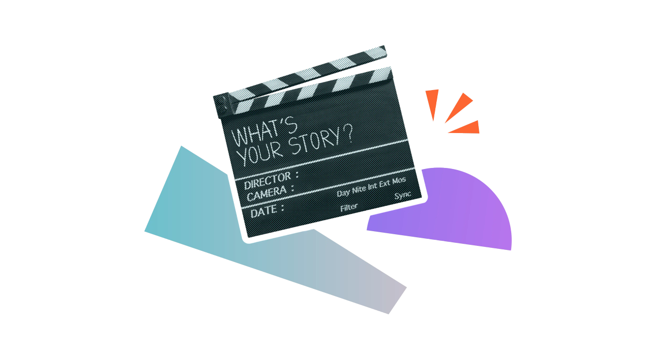 A clapperboard for a film with 'What's your story?' written on it