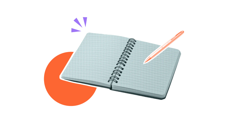 A pen and open notebook on a stylised background