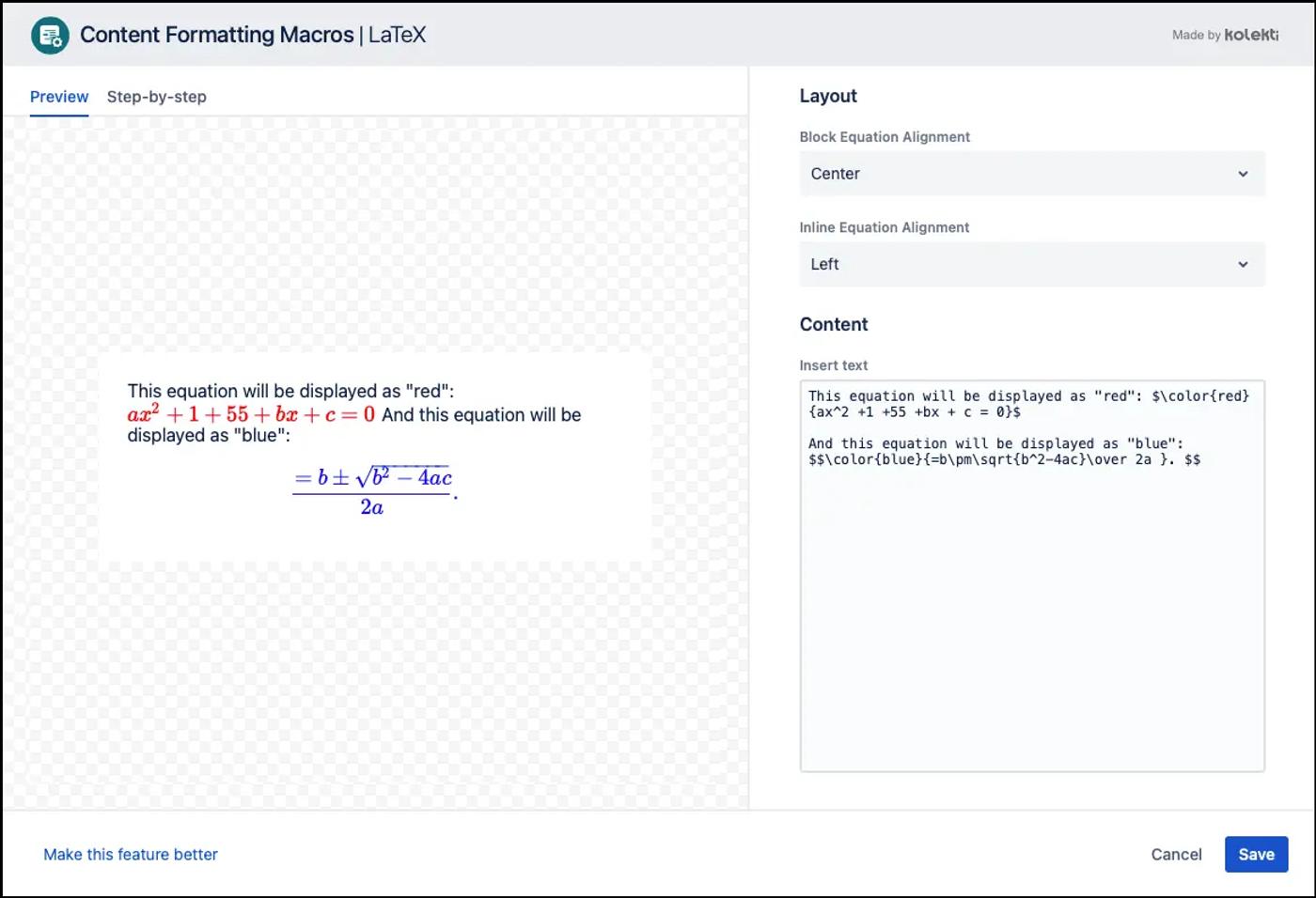 The LaTeX for Confluence editor showing equations highlighted in red and blue