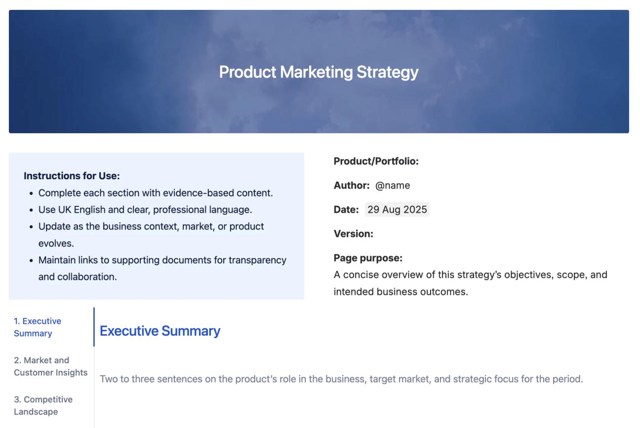 The top half of Mosaic's product marketing strategy for Confluence, showing the heading in a blue background, instructions for use, an overview of the page, and some of the tabs, with the 'Executive Summary' tab open.