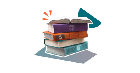 A stack of books with colourful sleeves on a stylised background