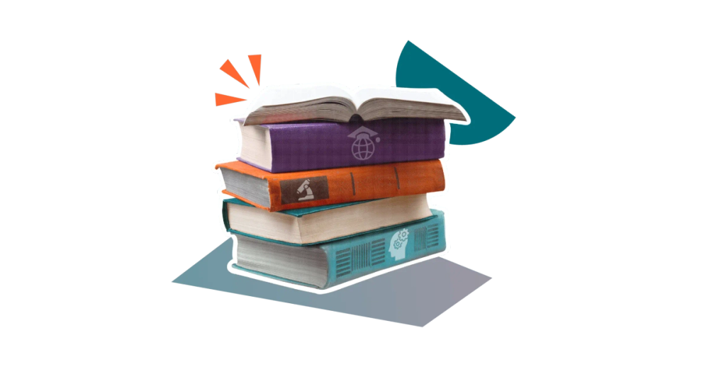 A stack of books with colourful sleeves on a stylised background