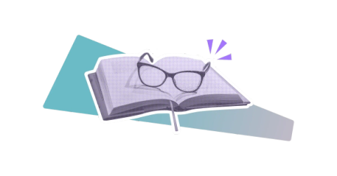 A pair of spectacles sitting on top of an open book on a stylised background