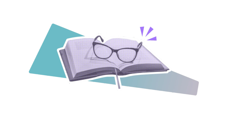 A pair of spectacles sitting on top of an open book on a stylised background