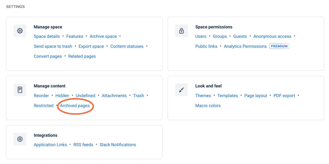 The Confluence space settings page with the “Archived pages” section circled