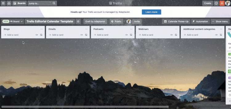 A gif showing how to use the Trello editorial calendar board template