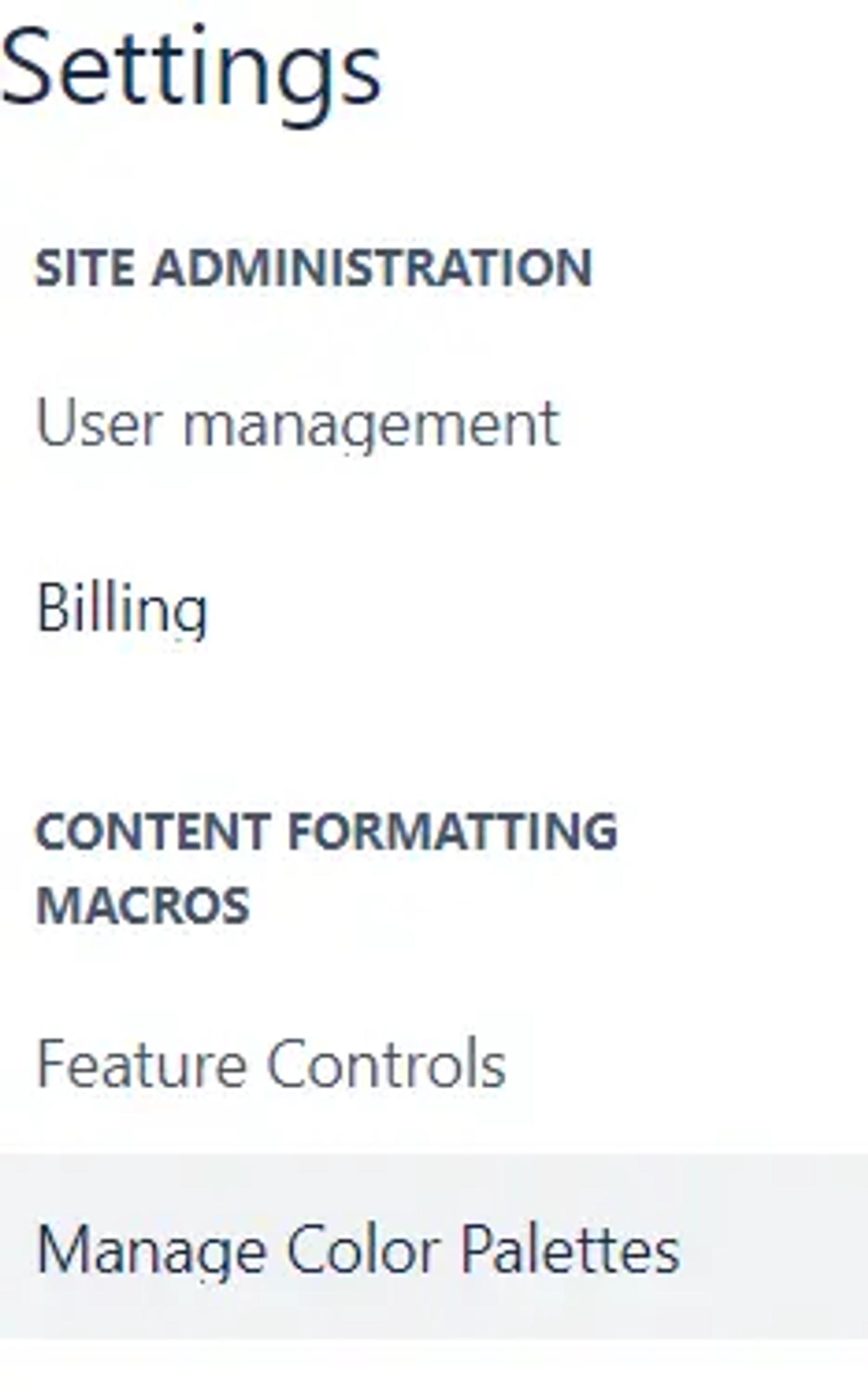 A user highlighting “Manage Color Palettes” in the Confluence admin settings
