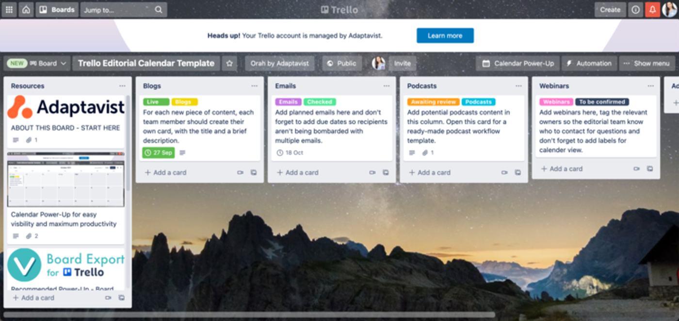 An editorial calendar board template in Trello