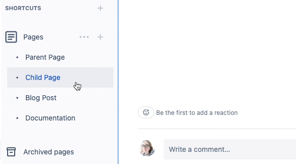 A gif showing how to nest a page in Confluence using the space sidebar