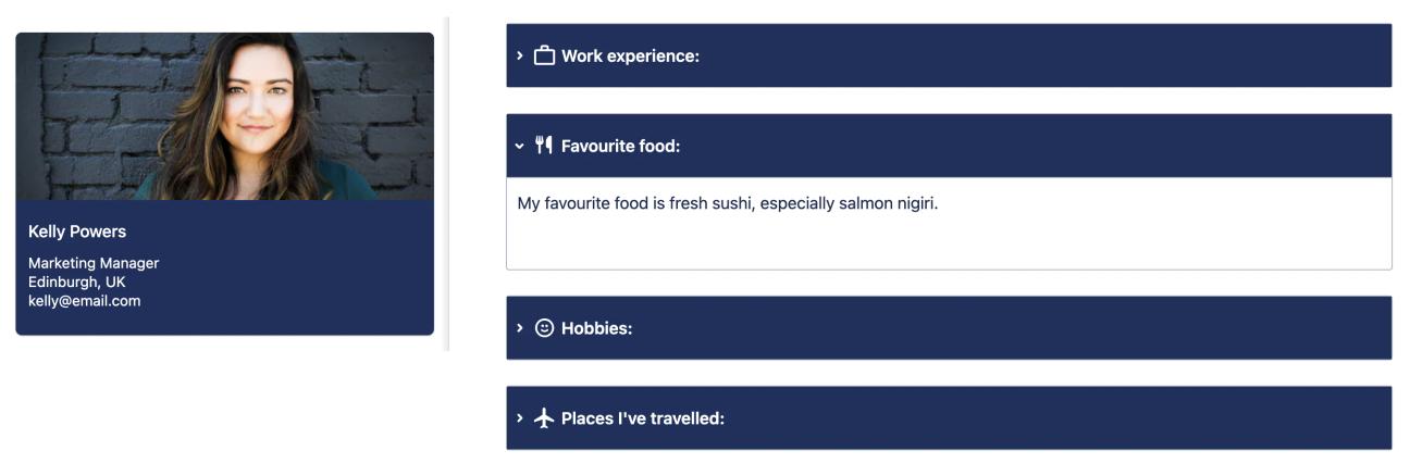 A screenshot of part of Mosaic's Team Profiles example page, showing a team member's profile and answers to some questions.