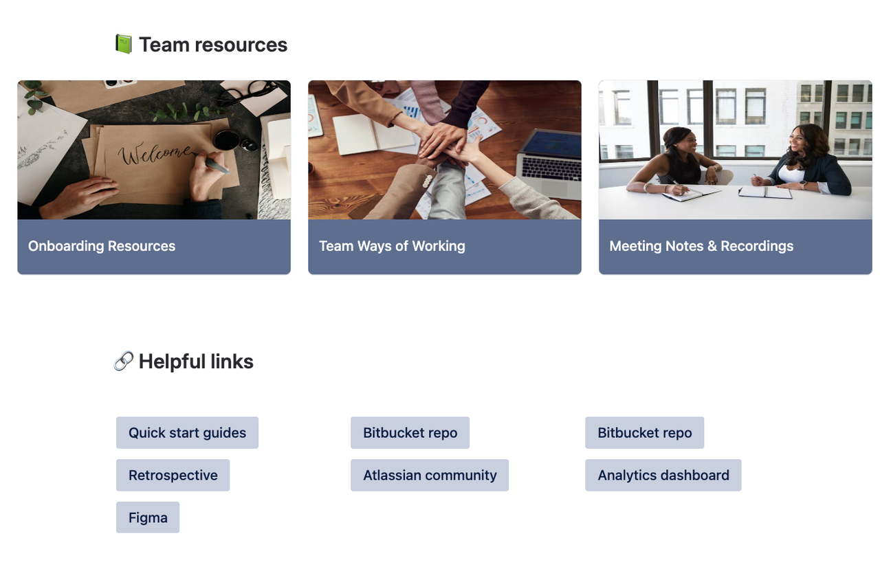 A list of links created using buttons on a Confluence team homepage