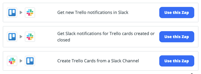 A list of Zapier integrations for Trello and Slack
