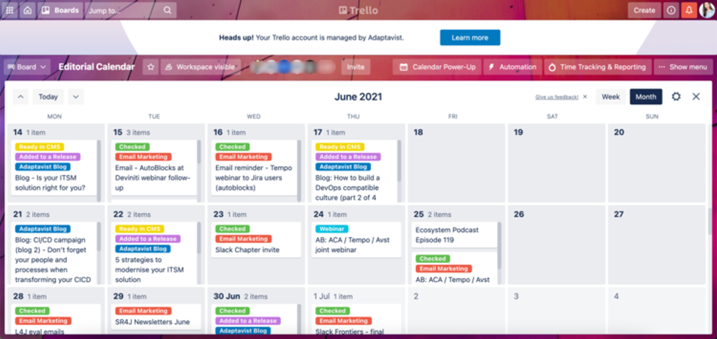 A screenshot of Adaptavist's editorial calendar