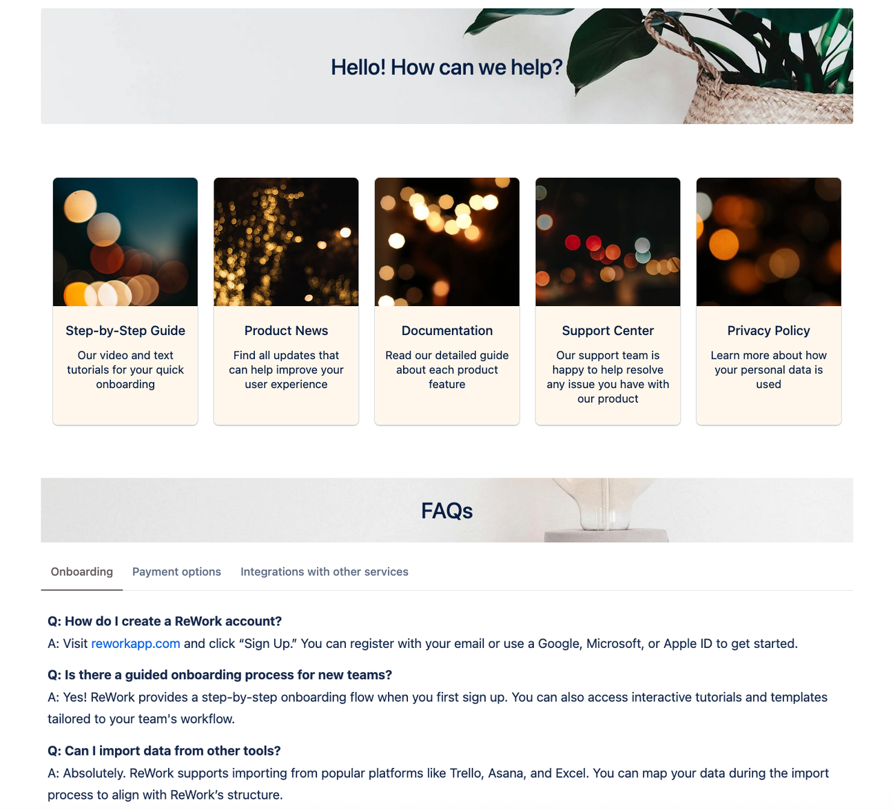 Screenshot of a knowledge base with a header, cards, and tabbed FAQs in Confluence Cloud