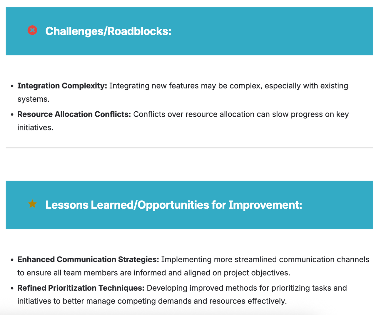 A screenshot of the last part of the 1-2-1 Meeting Notes Template, showing two sections titled "Challenges/Roadblocks" and "Lessons Learned/Opportunities for Improvement" with bullet points beneath both.