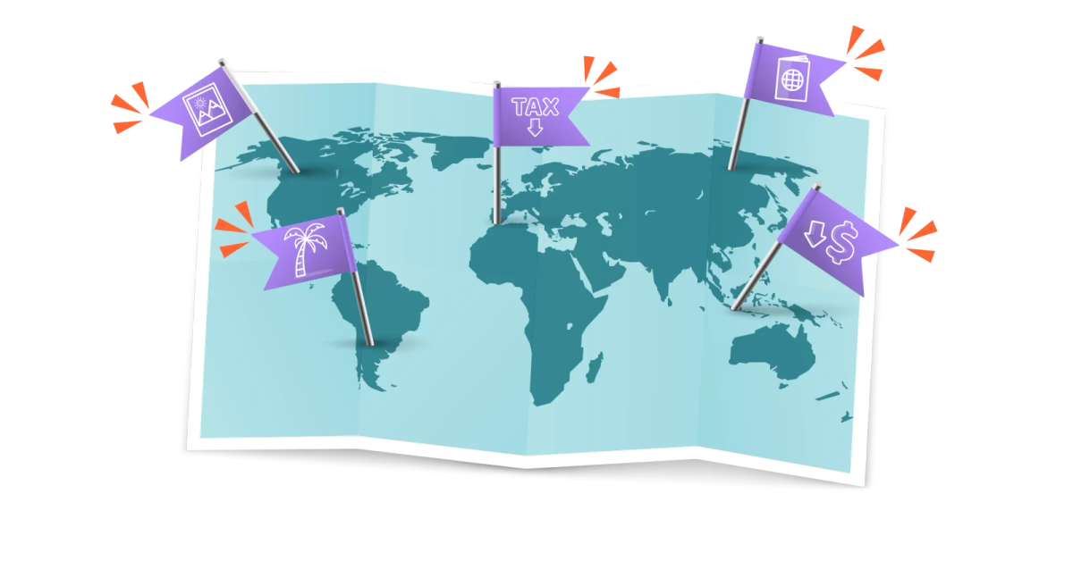 A world map with different flags planted on different countries