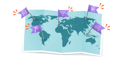 A world map with different flags planted on different countries