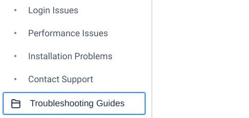The Confluence space sidebar with a folder for Troubleshooting Guides highlighted