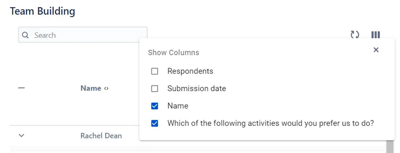 A user selects the Show Columns menu and ticks the columns they want to appear in the responses table