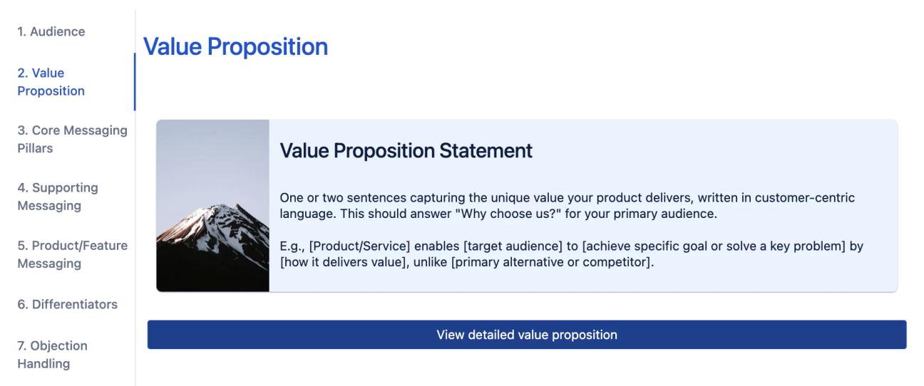 The 'Value Proposition' tab of the messaging framework, showing instructions and an example for writing your value proposition displayed in a visually engaging card with an image of a mountain, followed by a button leading to a more detailed page on the value proposition.
