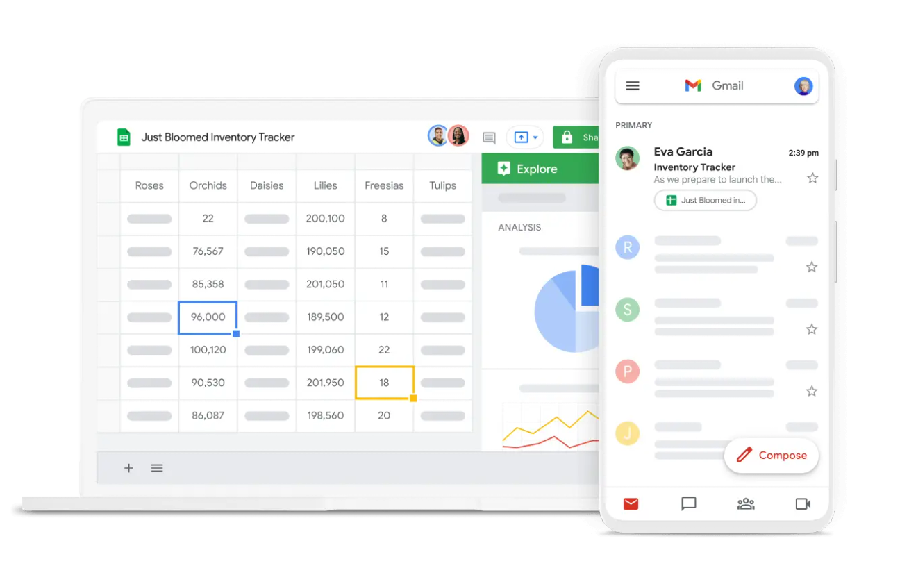 A laptop with Google Sheets open and a phone showing a Gmail account
