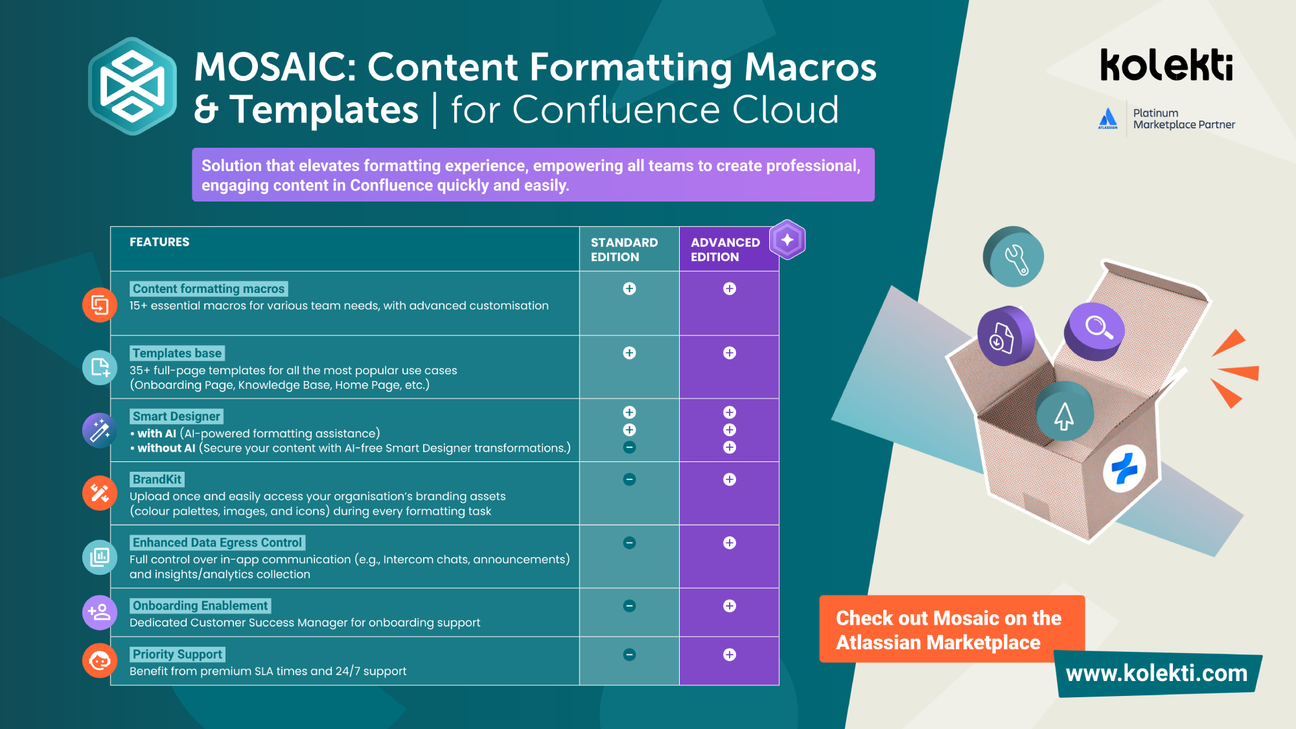 A table comparing Mosaic's Standard and Advanced Edition features