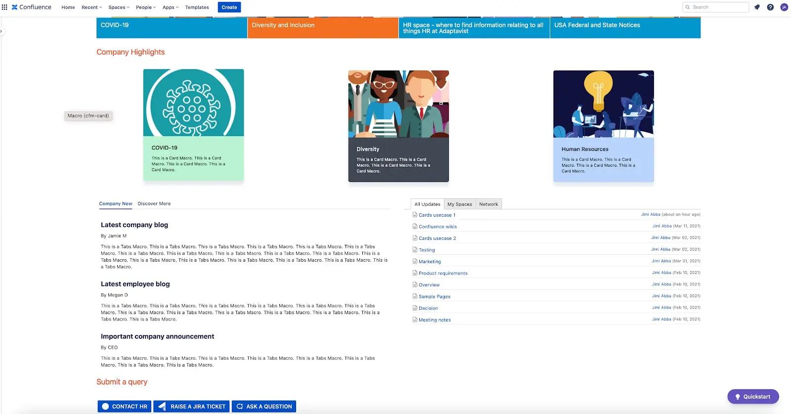 A screenshot of an intranet in Confluence with Cards and Buttons
