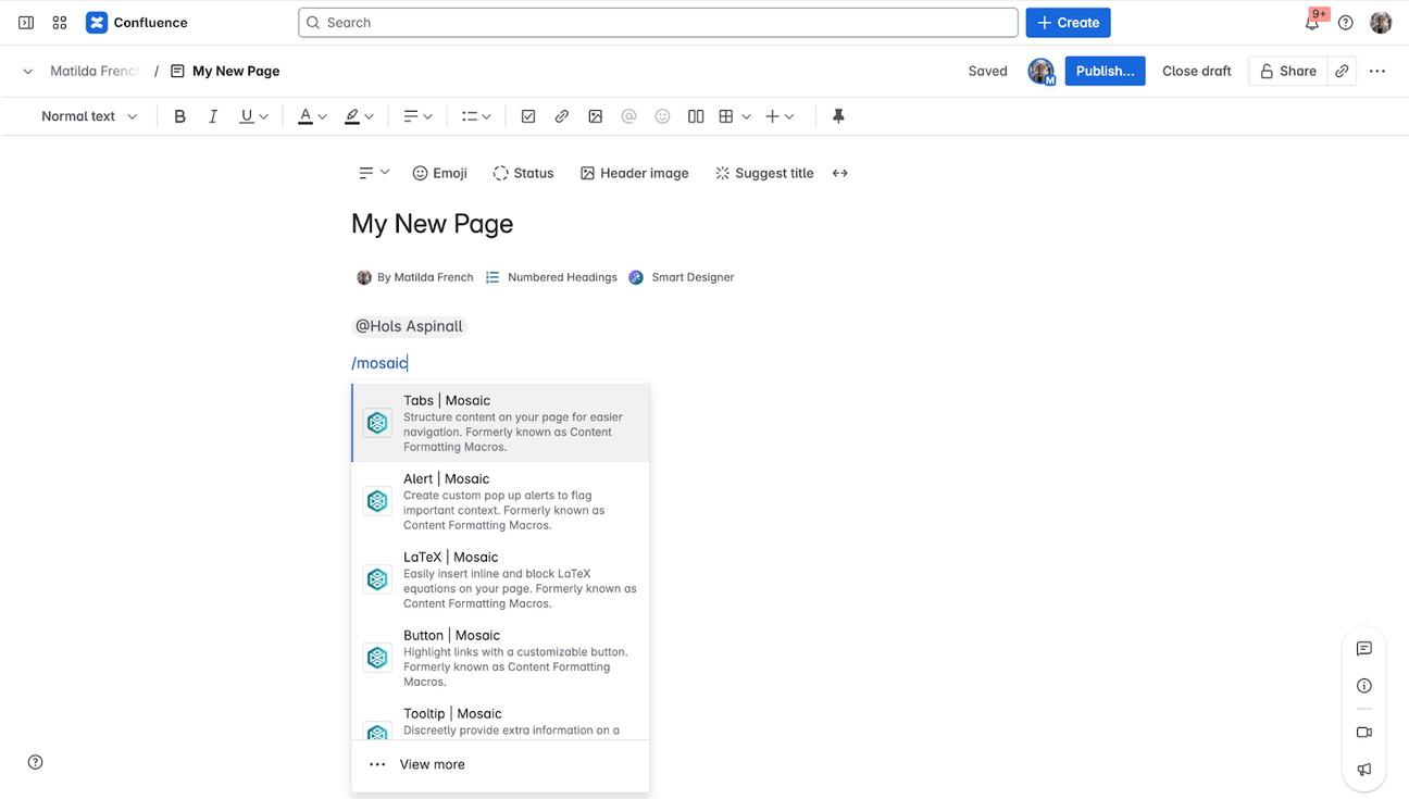 A Confluence page in edit mode with a dropdown menu showing a list of macros