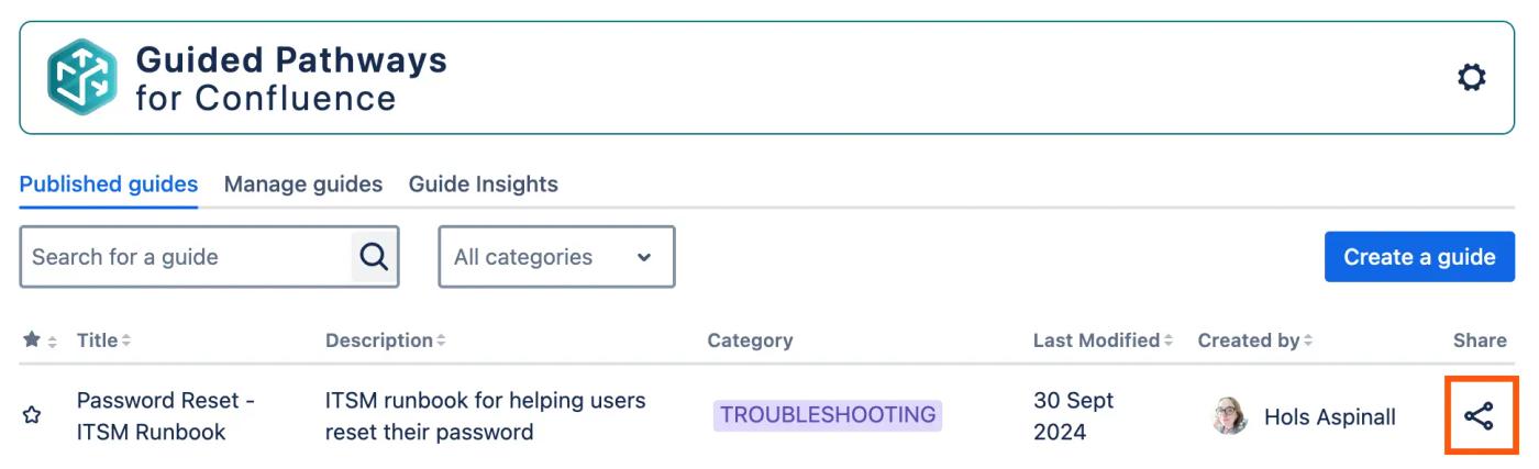 The Guided Pathways for Confluence homepage highlighting the ITSM runbook’s share icon