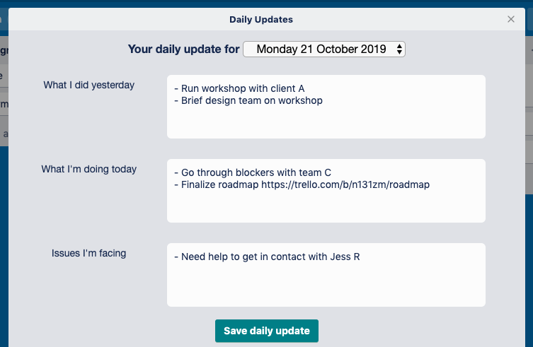 Screenshot of daily updates in action