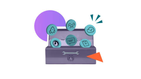 A toolbox containing 6 discs featuring migration-related icons