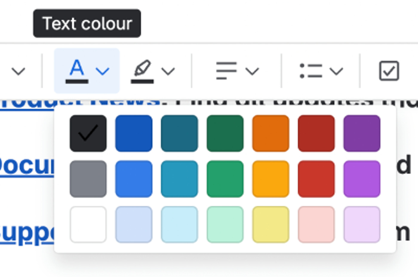The Confluence page toolbar with the text colour button selected, showing a palette of 18 different colours