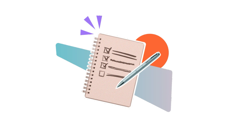 A silver pen and a notepad showing a to-do list on a stylised background