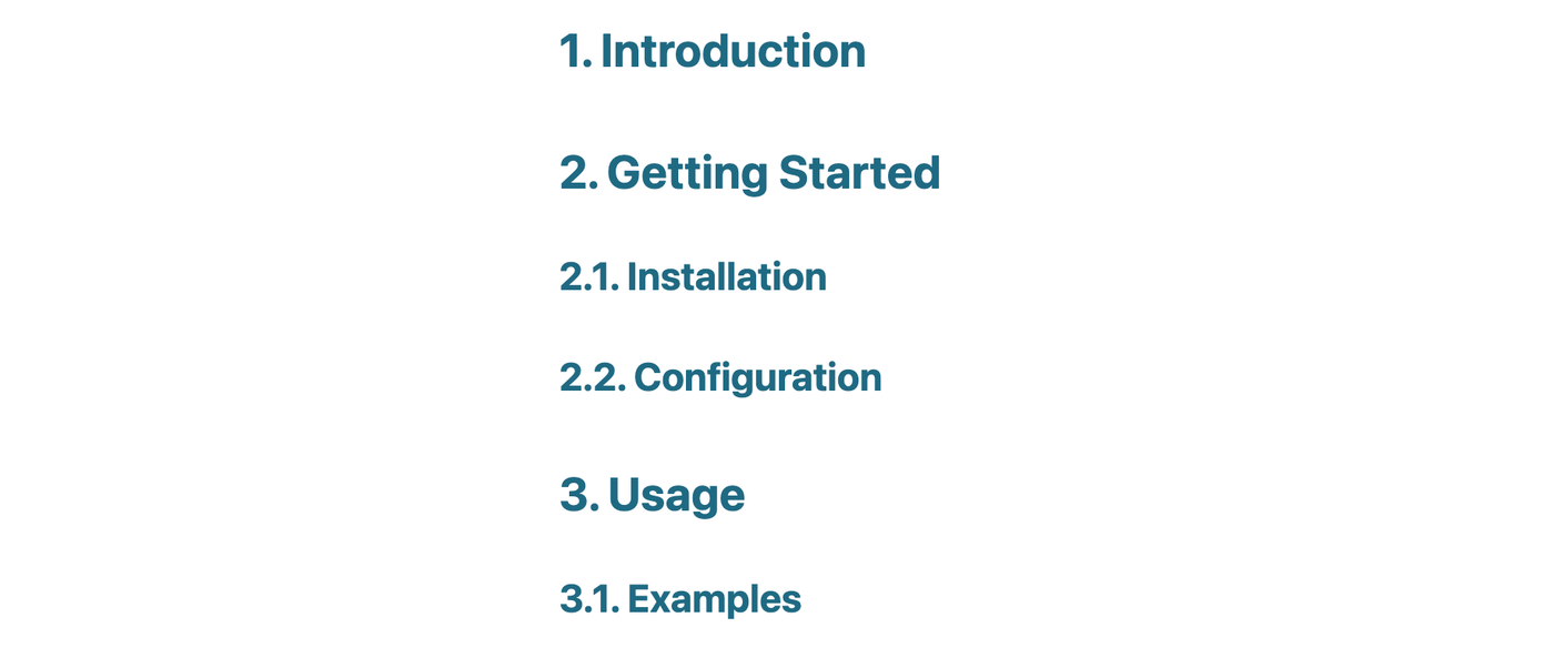 A list of sequentially numbered headings using Mosaic for Confluence