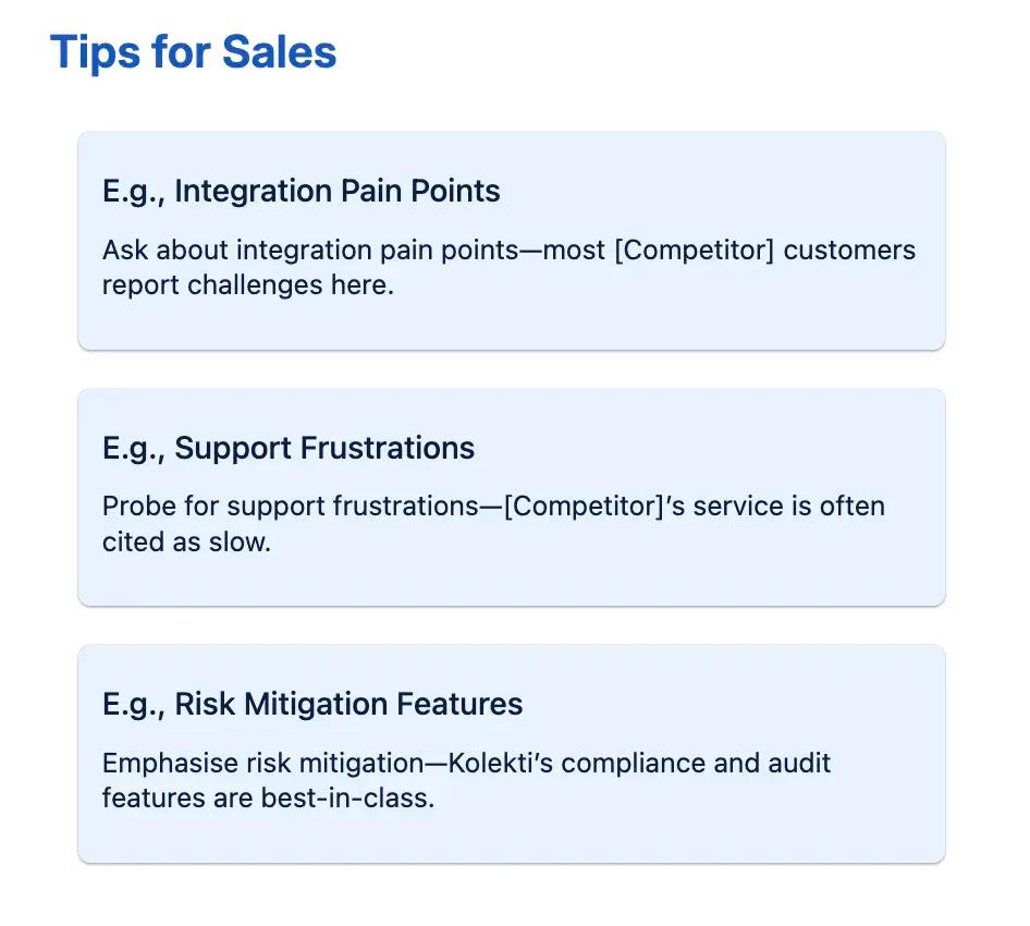 The 'Tips for Sales' section of the battle card, showing three example tips in light blue cards.