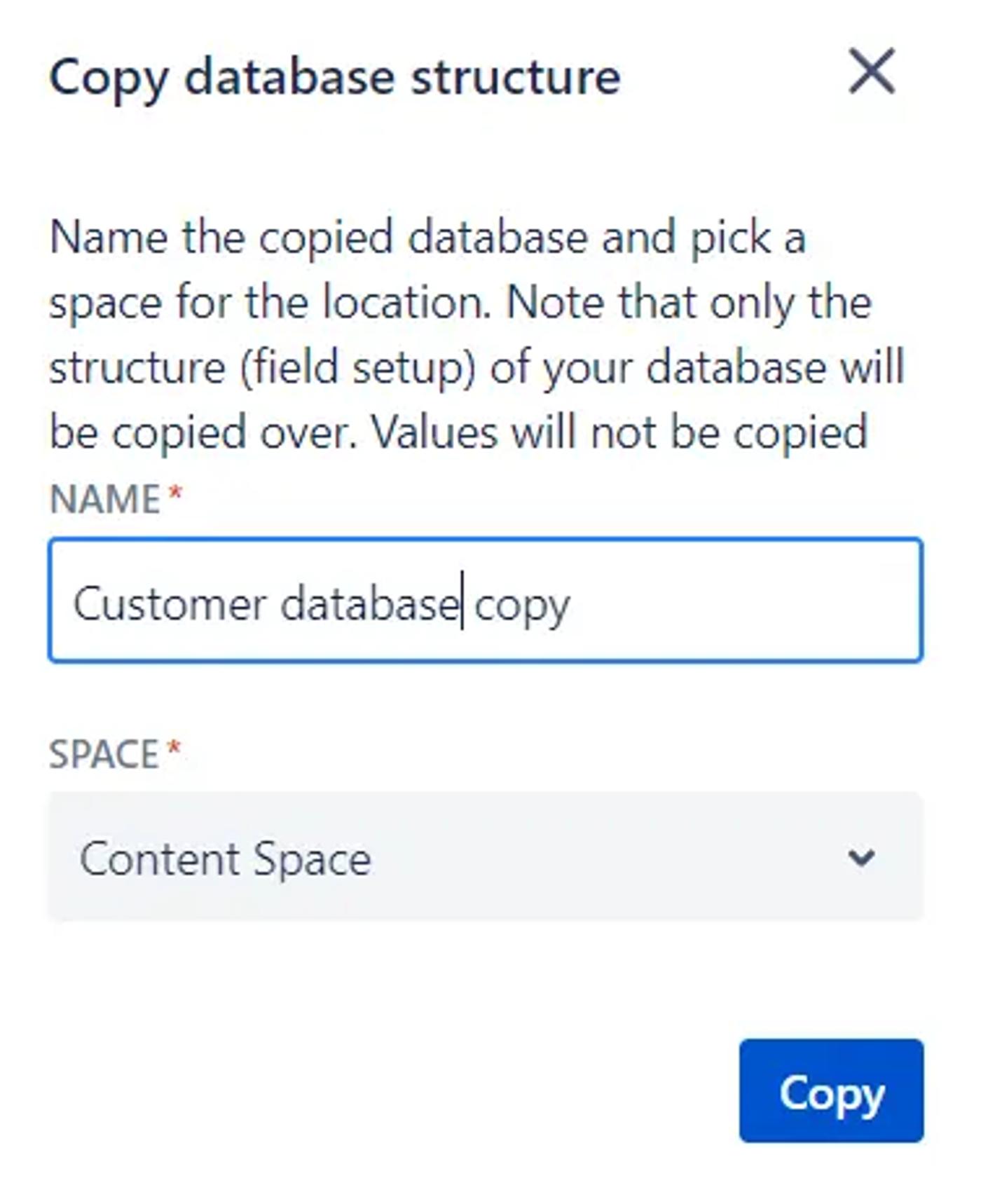 The ‘Copy database structure’ window in a Confluence database