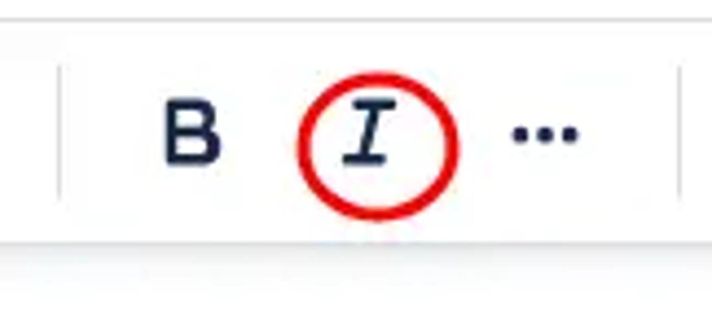 A screenshot of the Confluence page toolbar, with the italic text button circled