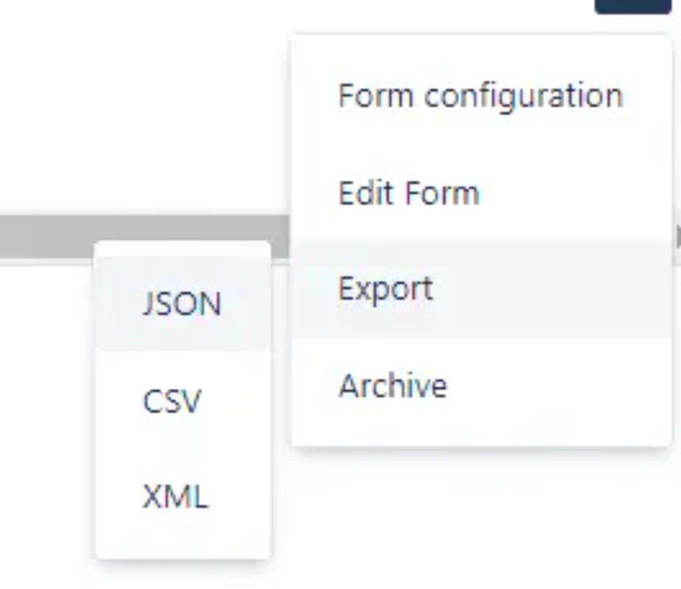 A dropdown list showing the available data formats for exporting form data.