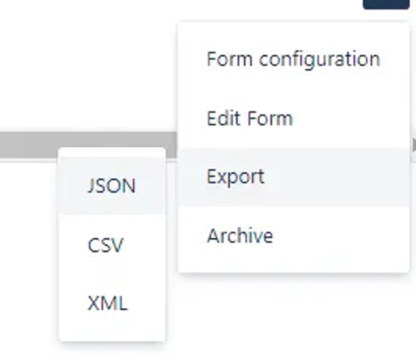 A dropdown list showing the available data formats for exporting form data.