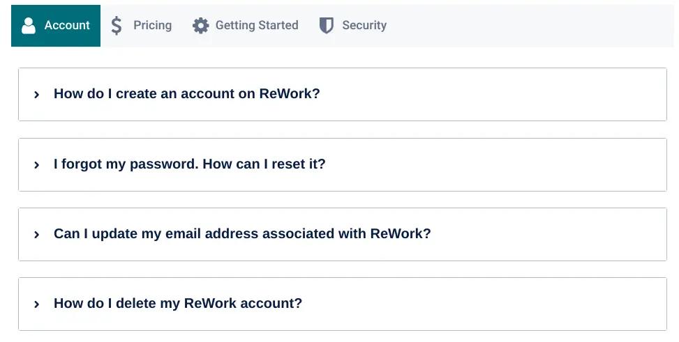 FAQs organised by category in tabs