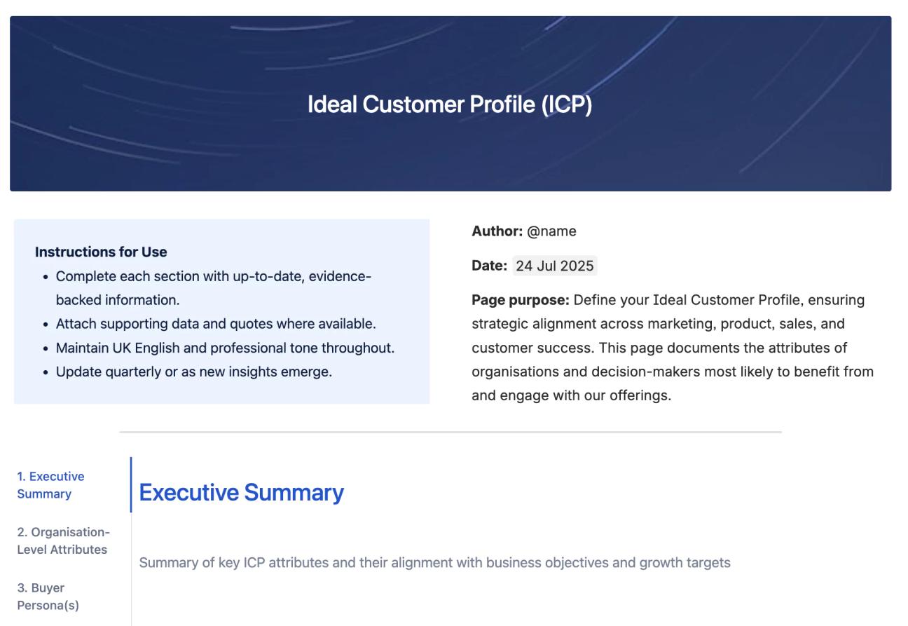 The top half of Mosaic's ICP for Confluence, showing the heading in a blue background, instructions for use, an overview of the page, and some of the tabs, with the 'Executive Summary' tab open.