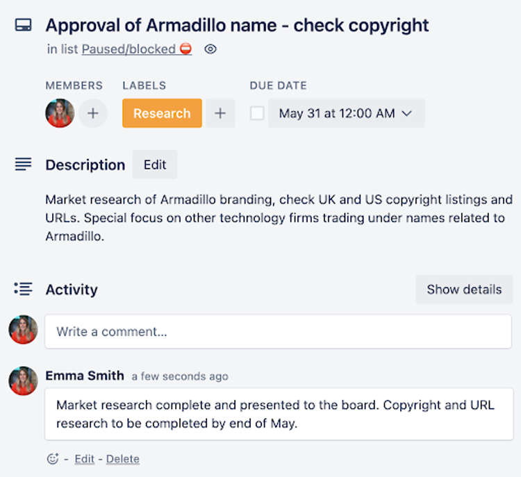 A Trello card containing a description, label, due date, and comment