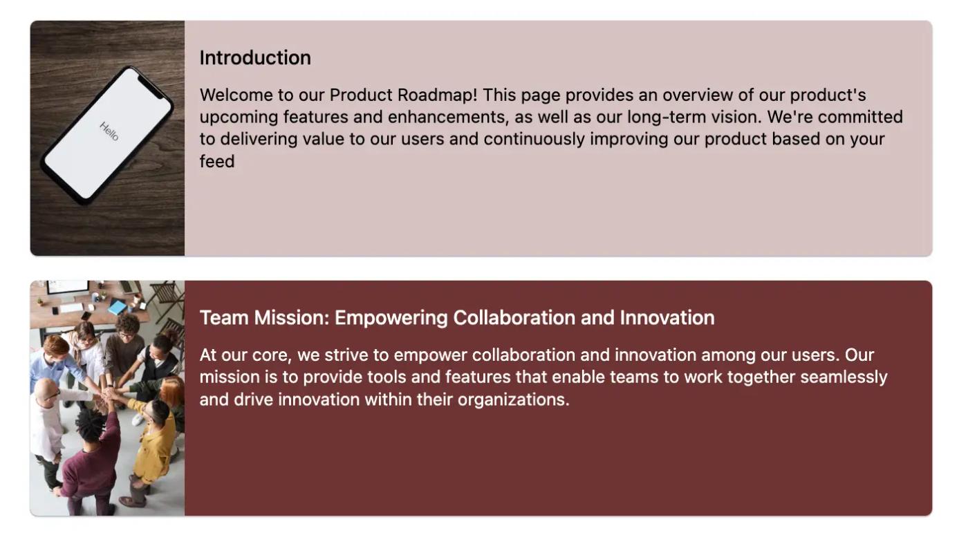 An introduction and team mission statement on a Confluence product roadmap page