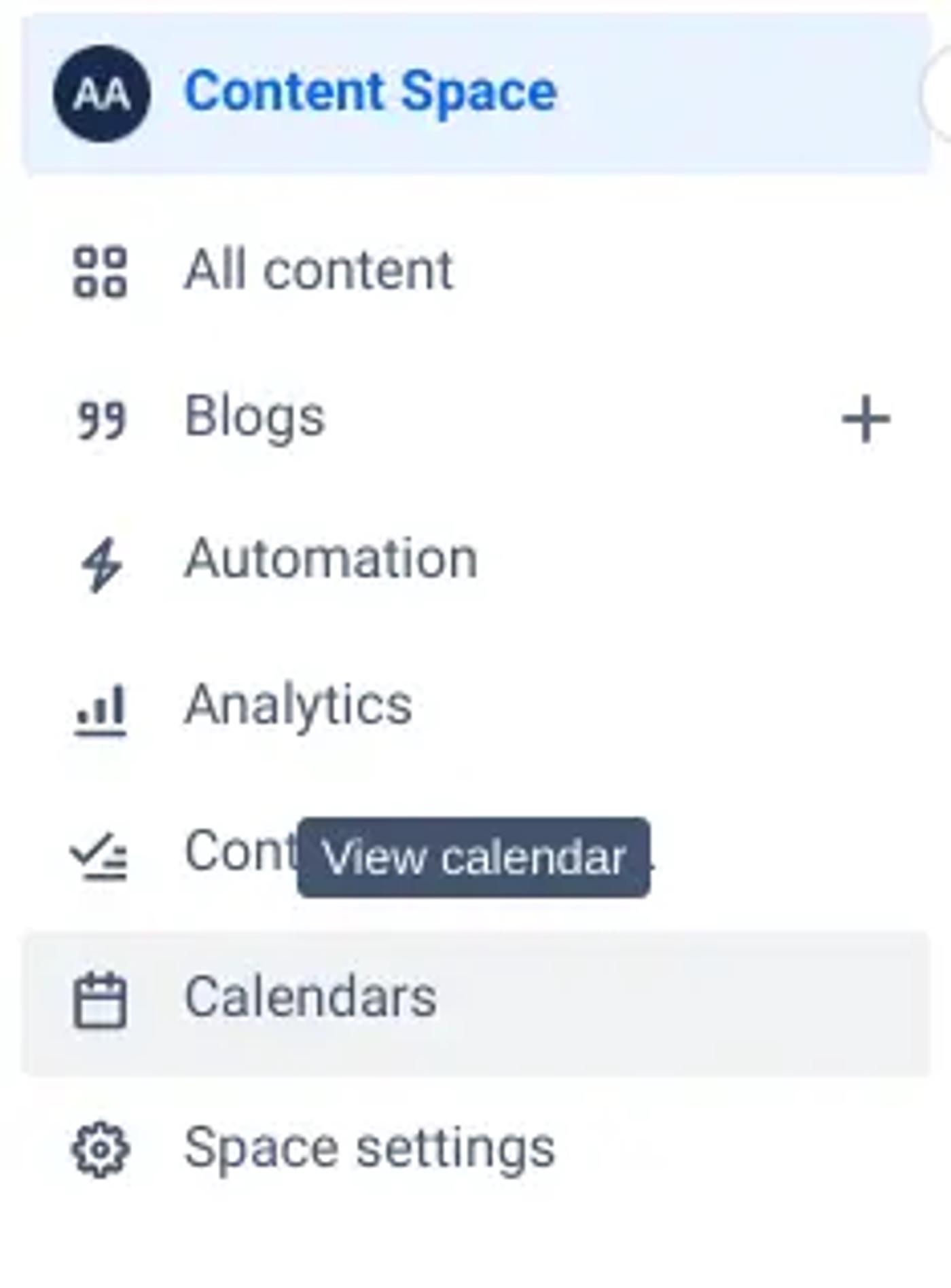 A Confluence Space sidebar with the Calendars option selected