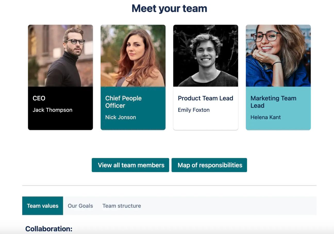 A visual team page created with card, tabs, and button macros