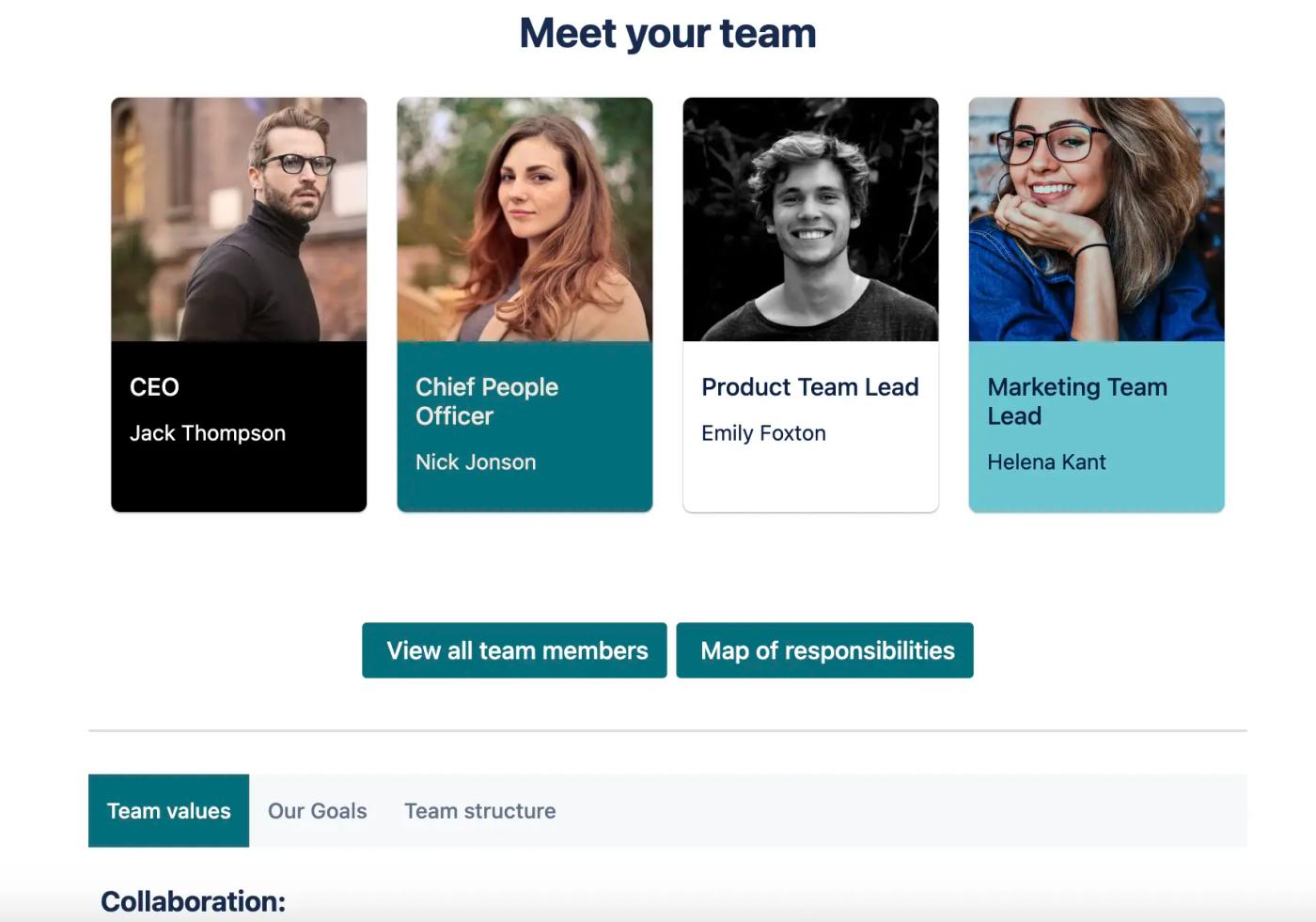 A team page within a Confluence wiki showing team members and team values