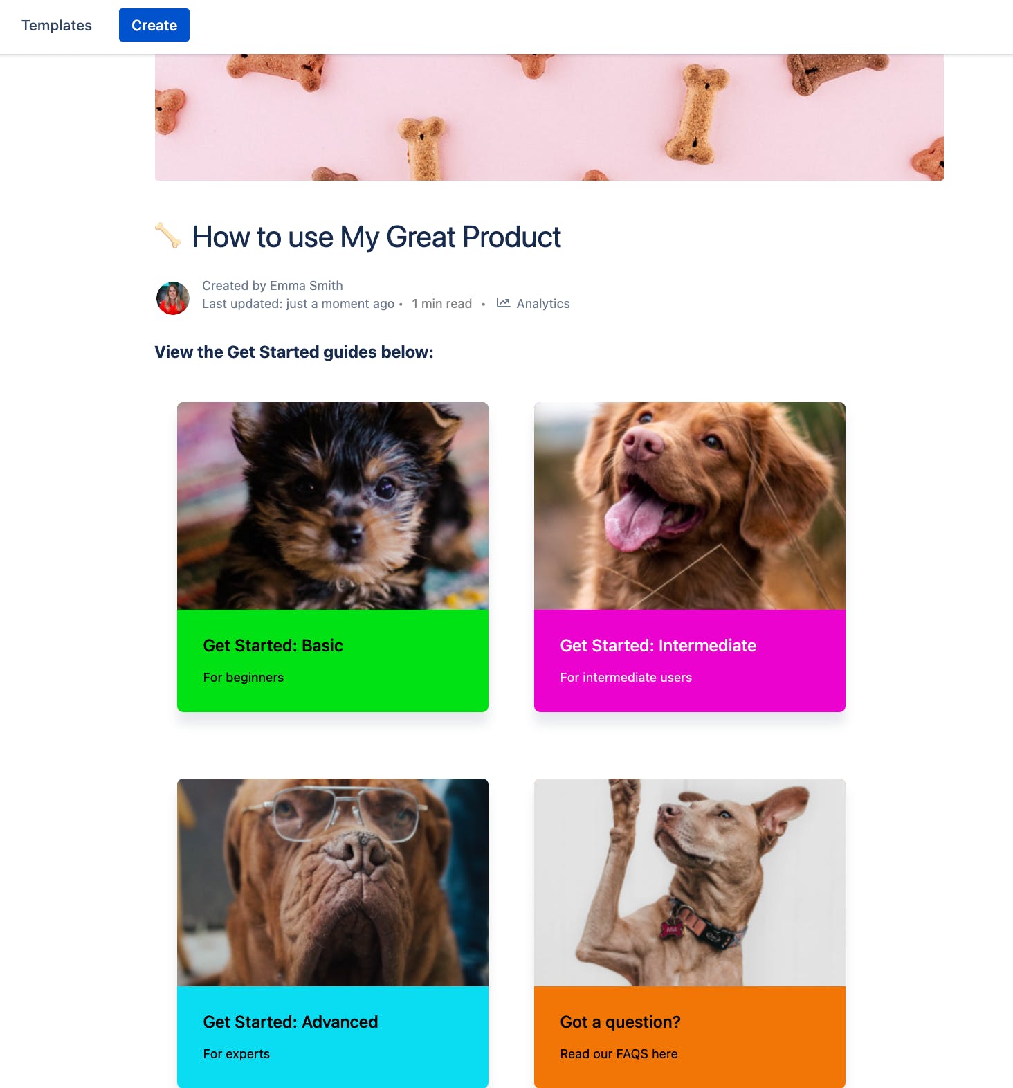 A screenshot of a Confluence page with bright text boxes and photos of dogs