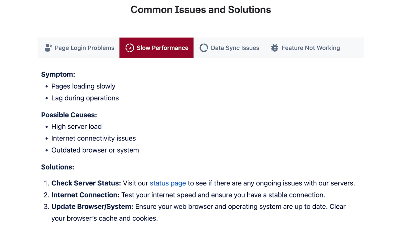 Four horizontal tabs showing different troubleshooting problems, with the highlighted tab showing fixes for slow performance issues