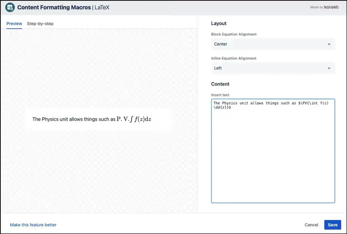 The LaTeX for Confluence editor with the Cauchy principal value in the text box